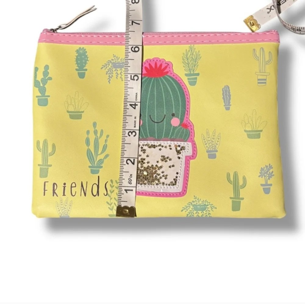 Yellow Zip Top Makeup Case Cartoon Cactus Graphic NEW